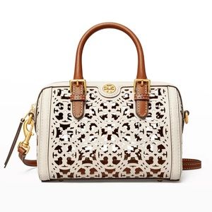 Tory Burch Petite T Monogram Laser-Cut Barrel Top-Handle Bag